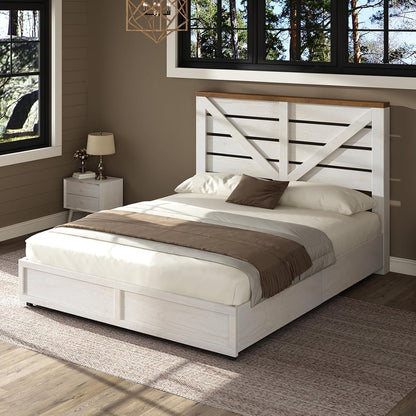 Full Size Farmhouse Bed Frame with 4 Drawers & Barn Door Headboard5