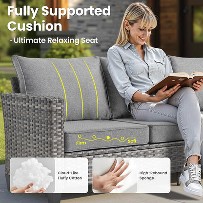 8 Pieces Patio Furniture Set, Outdoor Wicker Sofa Couch with Swivel Glider Chairs Solar Lights Table, Modern Deep Seat Rattan Conversation Sets for Deck Porch, Dark Grey6