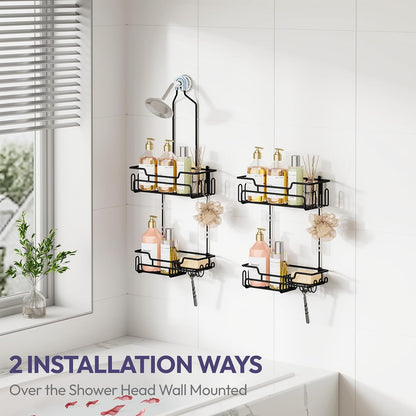 Bathroom Shower Caddy Hanging - Extended Length 2 Tier Rustproof over Shower Head Organizer, No Drilling Bathroom Shelf with 14 Hooks & Soap Holder, Anti-Swing Rack, Black, Medium2