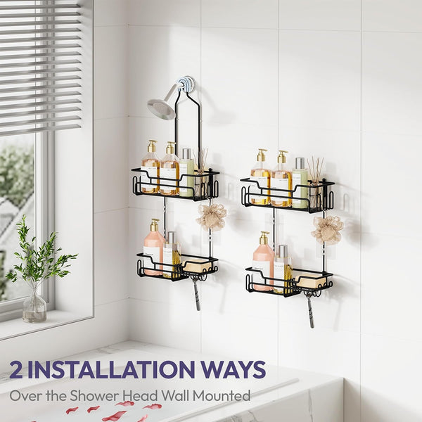 Bathroom Shower Caddy Hanging - Extended Length 2 Tier Rustproof over Shower Head Organizer, No Drilling Bathroom Shelf with 14 Hooks & Soap Holder, Anti-Swing Rack, Black, Medium2