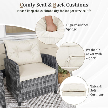 3 Piece Patio Furniture Set, Outdoor PE Rattan Conversation Set with Washable Cushions & Tempered Glass Tabletop, Wicker Chairs and Table Set for Porch, Garden, Balcony (White)4