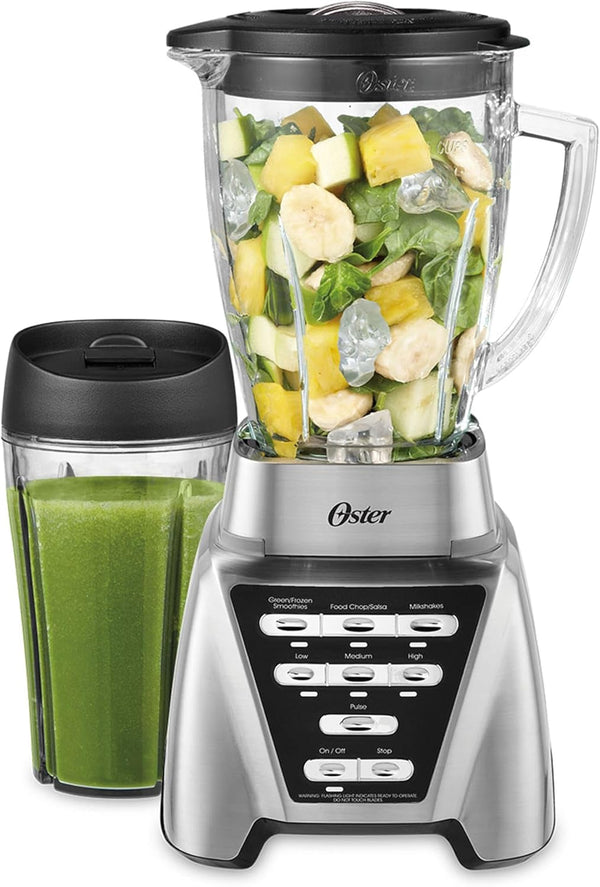 Oster Pro 1200 Smoothie Blender with Glass Jar & 24Oz To-Go Cup, Countertop Kitchen Blender with 7 Speeds, 1200W Power, Brushed Nickel1