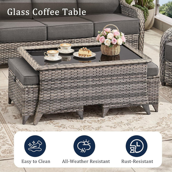 Luxury High Back Outdoor Furniture with 6-Inch Thick Cushions, Patio Furniture Set with Swivel Chairs, 6 PCS Wicker Conversation Set for Porch, Balcony, Deck and Yard9