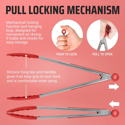 Kitchen Tongs for Cooking Grilling Set of 4, BBQ Grill Tongs with Silicone Tip Stainless Steel Heat Resistant, Non-Stick Pull Lock, Incl 7, 9, 12 Inch Tong plus a Silicone Spatula6