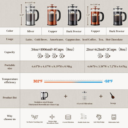 French Press Coffee Maker, No Plastic Touching Cafe,34Oz 1 L Cafetera | Thickened Glass Stainless Steel Brewer, Cold Brew Pot for Kitchen,Travel,Camping,Tea,Gifts,Bar Accessories, Decor,Dark Pewter4