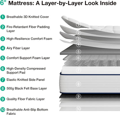 Twin Mattress 6 Inch, Bonnell Spring Hybrid with Spine Support3