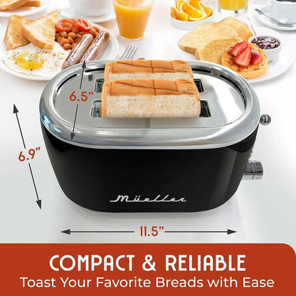 MUELLER HOME Retro Toaster 2 Slice, 7 Browning Levels | 3 Functions (Reheat, Defrost, Cancel), Stainless Steel Features, Removable Crumb Tray, under Base Cord Storage,3