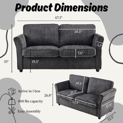 67" Loveseat Sofa, Chenille Fabric, Grey2