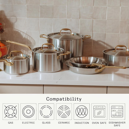 Made in Cookware - 10 Piece Stainless Steel Pot and Pan Set (Antique Brass Handle) - 5 Ply Clad - Includes Stainless Steel Frying Pans, Saucepans, Saucier and Stock Pot W/Lid - Crafted in Italy4
