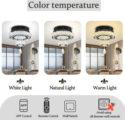 12" Modern Crystal Chandeliers Black Flush Mount Ceiling Chandelier Mini Chandelier for Hallway LED Dimmable Crystal Pendant Light for Dining Room Living Room Bedroom6