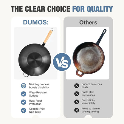 13.5" Carbon Steel Wok Pan, No Chemical Coating, Pre-Seasoned Flat Bottom Pow Wok for Family Meals and Camping, Compatible with Induction, Electric, Gas, Open Fire, Black4