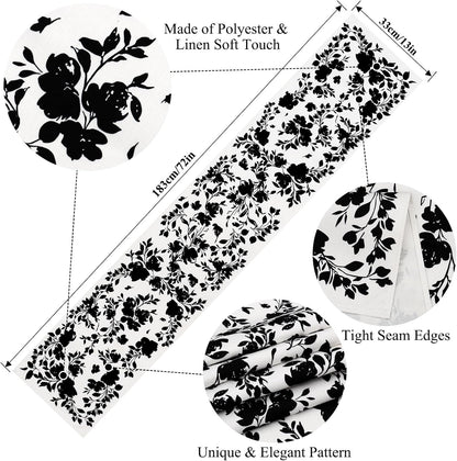 Black Rose Floral Table Runner, Black and White Table Runners, 13X72 Inch2