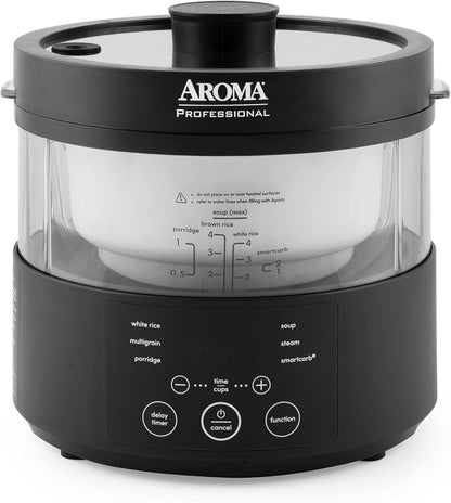 Housewares Professional 8-Cup (Cooked) Smartcarb Multicooker and Flavor-Lock Food Steamer for Low-Carb Rice and Grains, Glass Inner Pot, Black (AMC-800), Transparent Glass, 4 Cup Uncooked Rice1