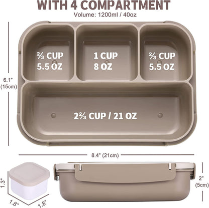 Bento Box Adult Lunch Box, Containers for Adults Men Women with 4 Compartments, Lunchable Food Container with Utensils, Sauce Jar, Muffin Liners, 40 Oz/5 Cup, Microwave & Dishwasher Safe, Brown2