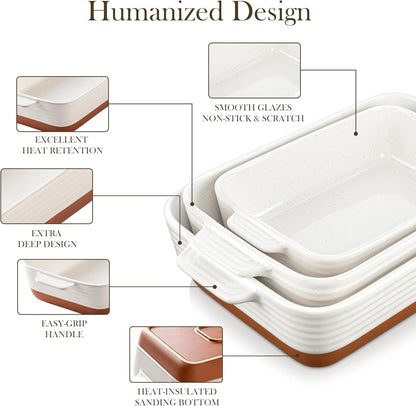Casserole Dishes for Oven, Ceramic Baking Dishes Set of 3, Baking Pan Casserole Dish Set, Rectangular Lasagna Pan Deep with Handles for Baking, Khaki White (14.5''/13''/10.5''), Series TARA5