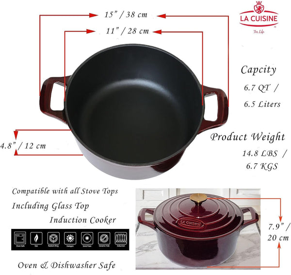 La Cuisine Enameled Cast Iron Dutch Oven Casserole Pot with Golden Handle for Lid, Internal Matte Black Enamel Coating, 6.5 QT 11" / 28Cm Ø, Oven-Safe 550°F/276°C, Cranberry8