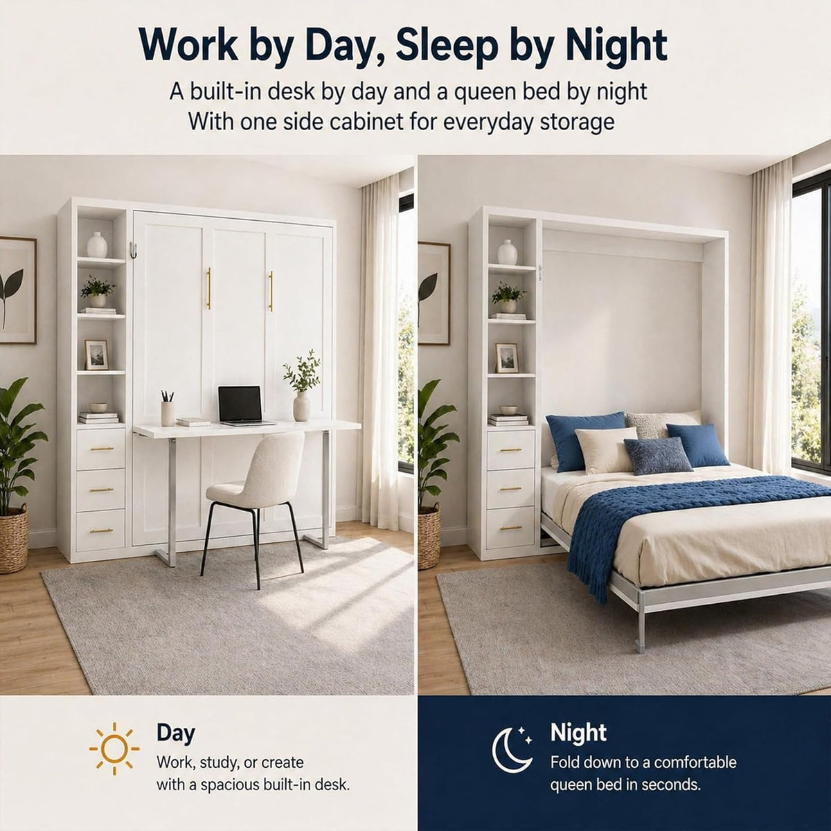 queen-size-murphy-bed-with-desk-and-single-side-cabinet-white-wall-bed-with-bookcase-shelves-3-drawers-automatic-legs-hydraulic-assist-space-saving-bed-for-bedroom-guest-room-home-office