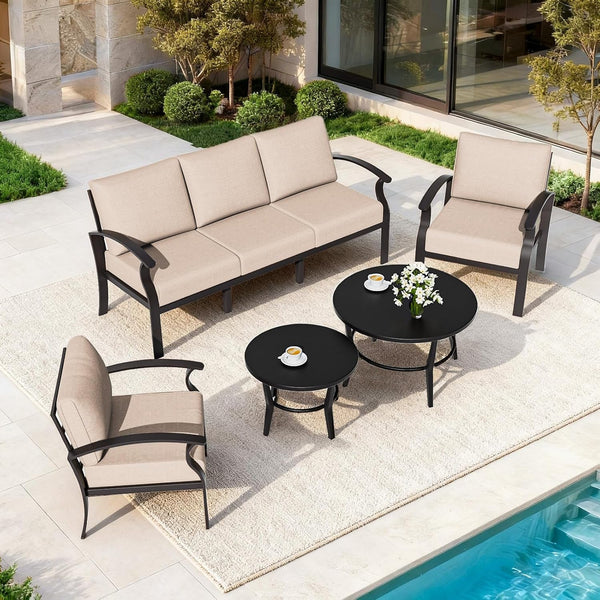 Aluminum Patio Furniture Set with round Coffee Tables, 5-Seat Outdoor Sectional Furniture W/5.1" Cushions, Patio Conversation Set for Porch, Backyard, Poolside-Sand2