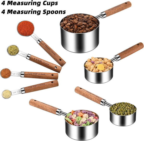 Wooden Handle Measuring Cups & Spoons Set 8-Piece – Stainless Steel, Stackable, Rustic Farmhouse Kitchen Gadgets, Non-Toxic, Dishwasher Safe, Gift for Bakers & New Homeowners.2