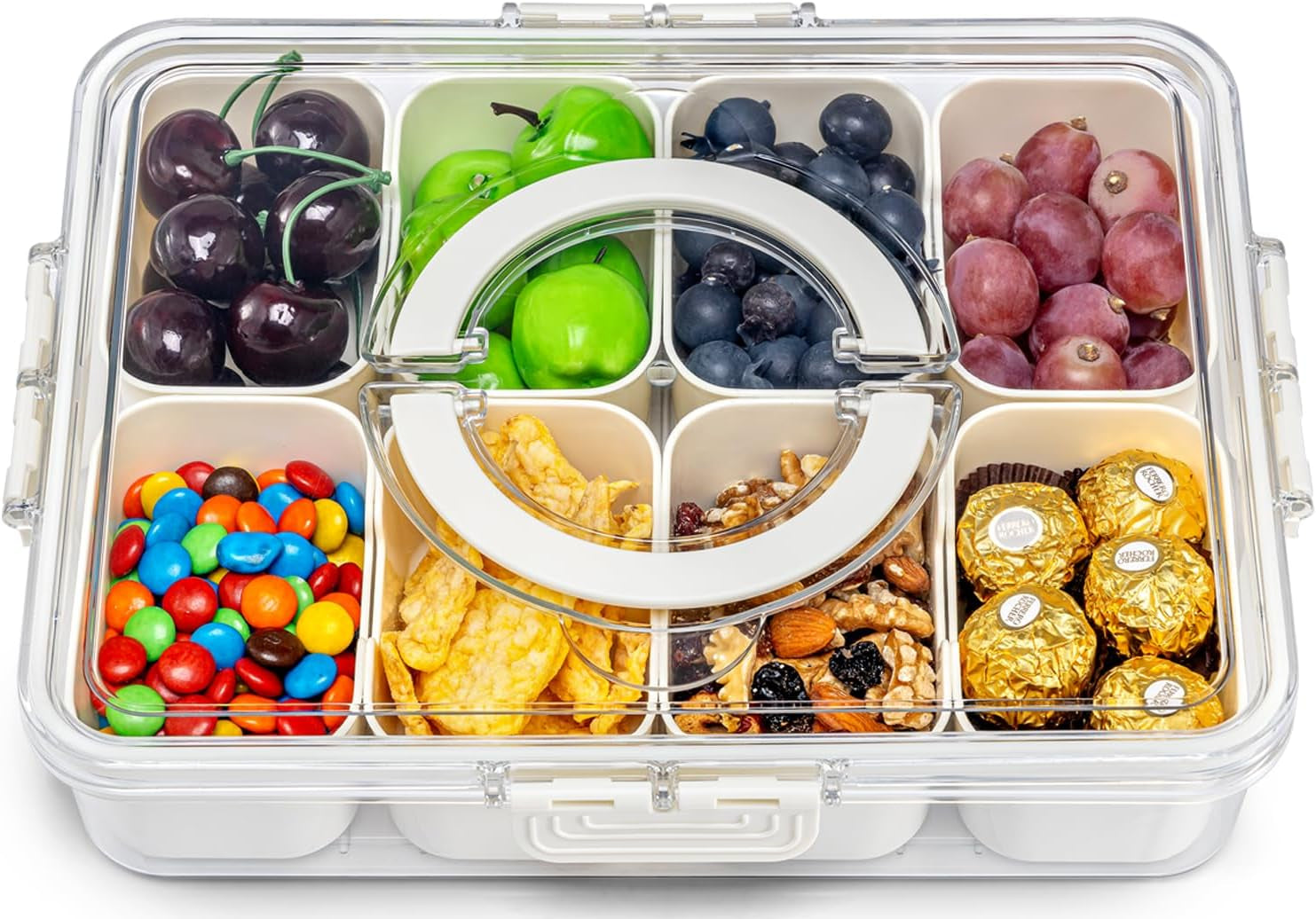 air-tight-snackle-box-container-divided-serving-tray-with-lid-handle-clear-snack-box-for-fruits-candy-nuts-portable-for-travel-daily-use-8-inside-containers-dishwasher-safe