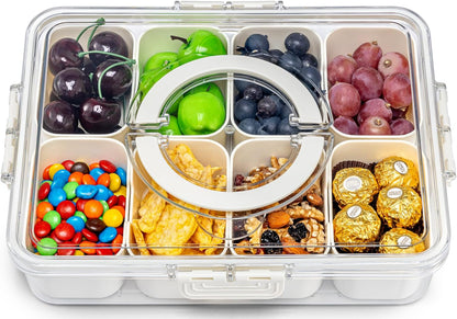 Air-Tight Snackle Box Container –Divided Serving Tray with Lid & Handle–Clear Snack Box for Fruits, Candy & Nuts–Portable for Travel & Daily Use (8 inside Containers Dishwasher Safe)1