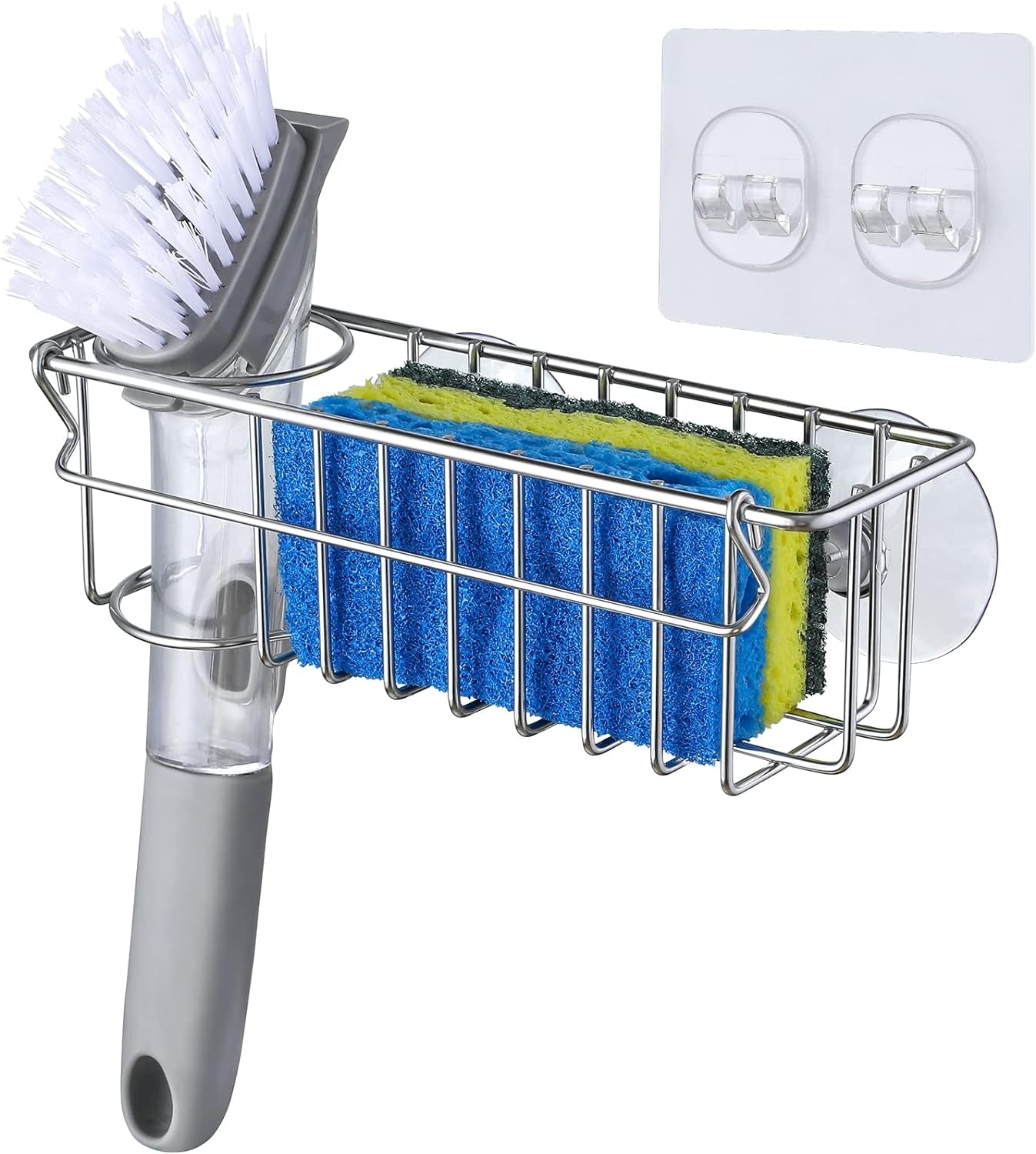 3-in-1-sponge-holder-for-kitchen-sink-with-suction-cups-adhesive-hook-in-sink-sponge-holder-wall-hanging-sink-caddy-organizer-rack-sponge-dish-cloth-brush-scrubber-304-stainless-steel