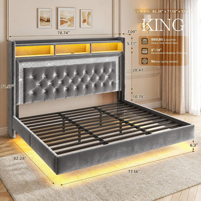 King Floating Bed Frame, Charging Station & LED Lights, Grey2