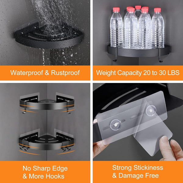 Adhesive Corner Shower Caddy with Hooks, Black, 2 Pack3