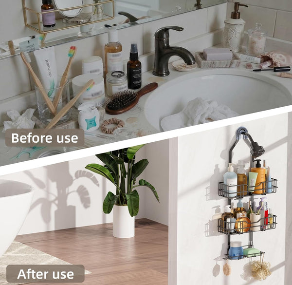 Over the Shower Head Caddy, 3-Tier Hanging Shower Shelves Rustproof, Shower Storage Organizer with Hooks and Soap Holder, No Drilling Bathroom Shower Rack, Black7