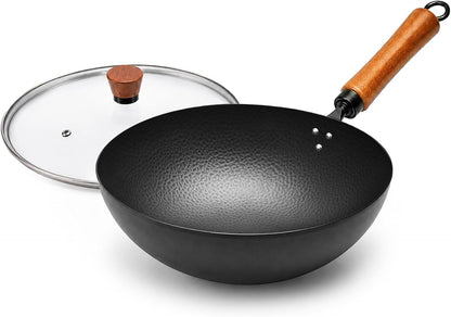11" round Bottom Carbon Steel Wok with Glass Lid, Traditional Chinese Stir Fry Pan for Gas Stove & Wok Ring, 3.2 QT Small Wok for 1–3 People, Uncoated, Wood Handle, Seasoning Required1
