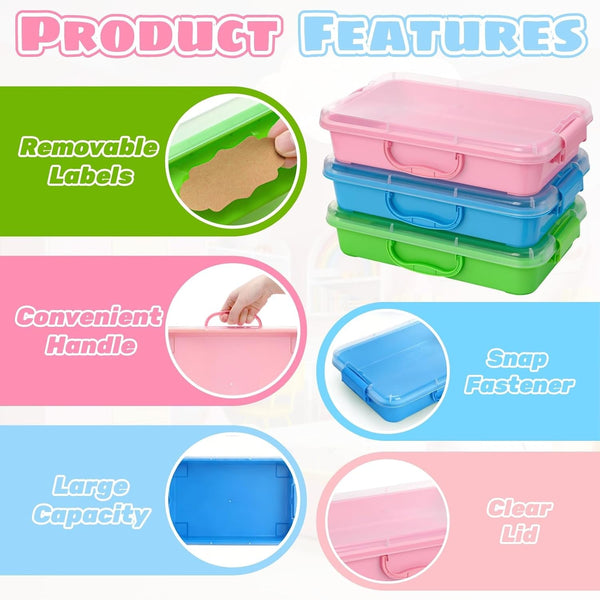3 Pack Plastic Sensory Bins with Handle, 15 Stickers3