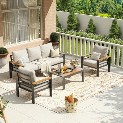 Aluminum Patio Furniture Set 5 Seats, Oversized Outdoor Sectional with Washable Thick Cushions, Coffee Table, Patio Conversation Sets for Porch, Balcony, Deck3