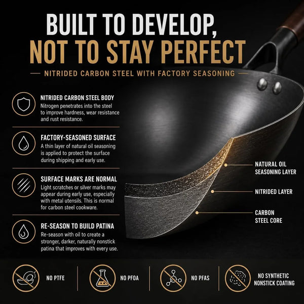 12.6-Inch Nitrided Carbon Steel Wok Pan, Flat Bottom, Induction | Fast-Heating Carbon Steel for Stir-Fries, Fried Rice and Noodles. Pfas-Free, Factory-Seasoned, Induction Ready; Serves 3-4.6
