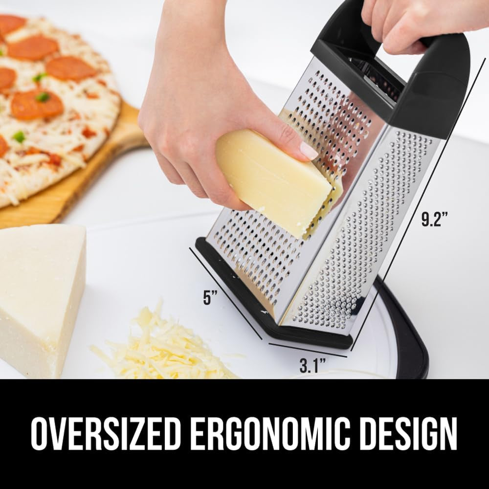 gorilla-grip®-xl-4-sided-stainless-steel-cheese-grater-with-measurement-container-bpa-free-box-grater-slip-resistant-base-grate-hard-parmesan-shred-veggies-zest-citrus-dishwasher-safe-black