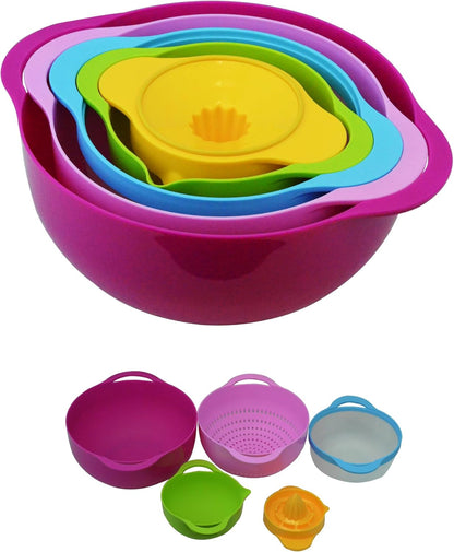 5-Piece Nesting Mixing Bowl Set with Colander, Sieve, Measuring Cup, and Juicer – Stackable Multi-Color Kitchen Set1
