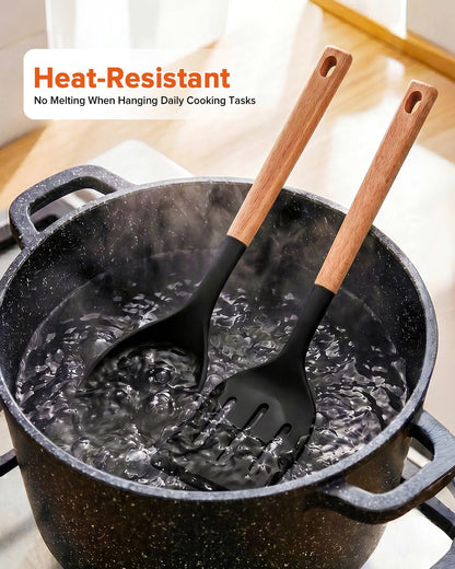 Cooking Utensils for Nonstick Cookwares, Bpa-Free Matte Silicone, Heat Resistant Large Solid & Slotted Spoons and Spatulas for Frying, Mixing,Serving,Turning and Stirring, Wooden Handle (Black)6