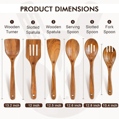 Wooden Spoons for Cooking, 6 Pcs Natural Teak Wooden Kitchen Utensils Set, Cooking Utensils Set with Long & Comfort Grip, Wooden Spoons Spatula Set Perfect for Non-Stick Cookware3