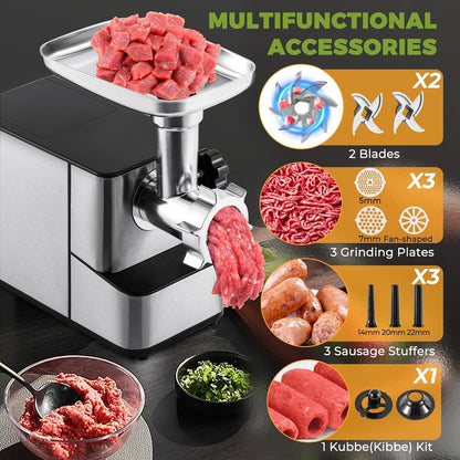 Electric Meat Grinder 3200W Multi-Functional with Storage Function | High Output Heavy Duty, with Stainless Steel Blades&Grinding Plates, Sausage Stuffers, Kubbe Kit, Home Use&Commercial Kitchen5