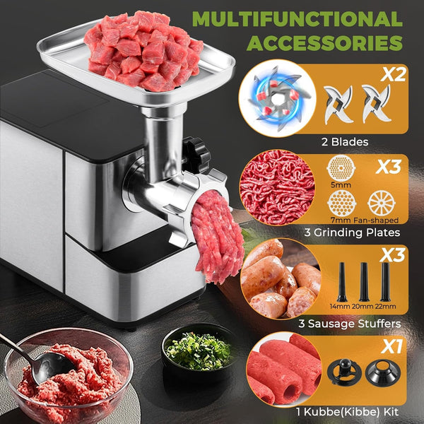 Electric Meat Grinder 3200W Multi-Functional with Storage Function | High Output Heavy Duty, with Stainless Steel Blades&Grinding Plates, Sausage Stuffers, Kubbe Kit, Home Use&Commercial Kitchen5