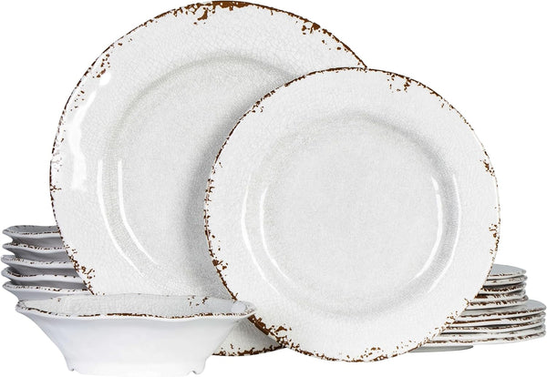 Vintage Melamine Dinnerware Sets, 18 Piece Lightweight and Unbreakable Outdoor Plates and Bowls Set, RV Dishes Set of 6, Chip Resistant Kitchen Plate Set for Indoor and Outdoor Use, White1