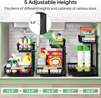 under Sink Organizer, 2 Tier under the Sink Storage, Slide Out Pull Out Cabinet Organizer Shelf, Metal Sliding Drawer for Kitchen Bathroom Pantry Closet Organization Rack, Black, 2 Pack7
