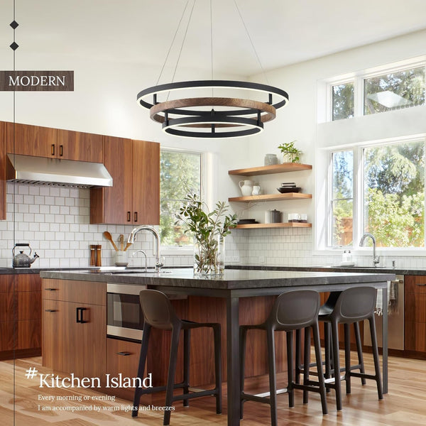 3 Ring LED Chandelier Modern Chandeliers Walnut Wood Black Dimmable 24''3