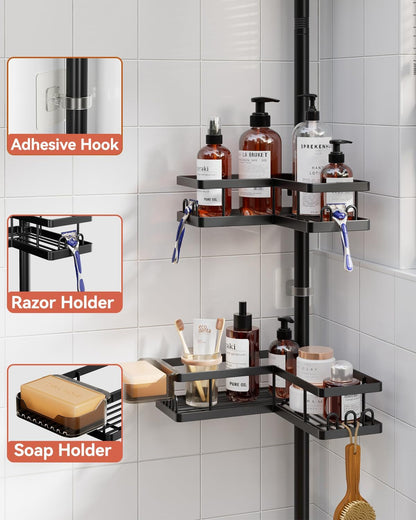 Corner Shower Caddy Tension Pole, 25.7-109.1In Adjustable Shower Shelves, Rust-Resistant Shower Organizer, No-Drill 3-Step Installation, Bathroom Shelves for Renters & Family, Black7