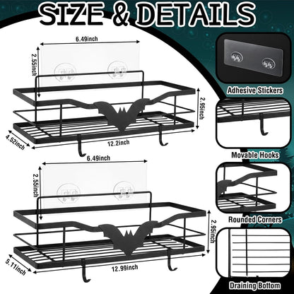 2 Pack Black Gothic Bat Shower Caddy with 4 Removable Hooks3