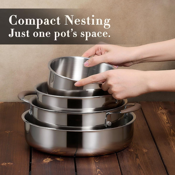 19Pcs Tri-Ply Stainless Steel Cookware Set with Detachable Handle | Pots and Pans Set, Even Heating, Non-Toxic, Induction Compatible, Dishwasher& Oven Safe, Space Saving, RV Cooking,Woodgrain8