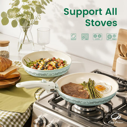 Ceramic Cookware Set Non Toxic with Detachable Handles, Healthy Nonstick Decal Pans and Pots Set 14 Pcs, Induction Dishwasher Oven Safe Kitchen Set, Light Green with Olive Branch7