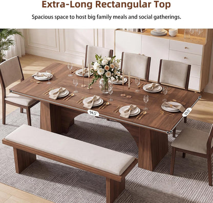 94.5" Extra Long Wood Dining Table for 6-10, Farmhouse Kitchen Table with Arch Cutout Pedestal, Large Dinner Table for Kitchen Dining Room, Walnut4
