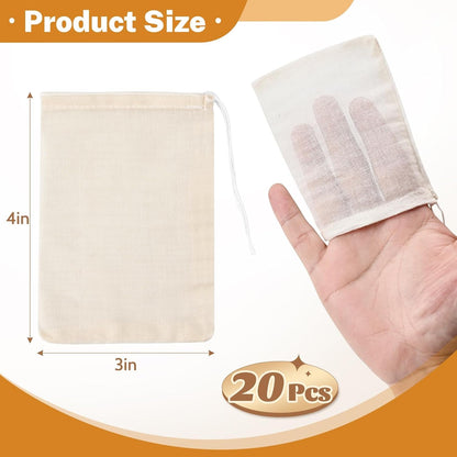 20 Pcs Muslin Bags with Drawstring, Reusable Tea Bags, Spice Bags for Cooking Soup/Herb/Loose Leaf Tea, Natural Cotton Small Cheese Cloth Bag for Straining, Sachet Bags Empty, 4 X 3 Inches2