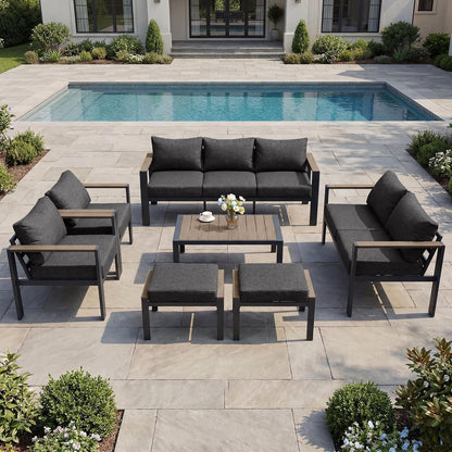 Patio Furniture Set 9 Seats and Coffee Table, 7 Pieces Patio Conversation Set with Thick Cushion, Ottomans, Deluxe Aluminum Modern outside Sectional for Porch, Balcony, Deck, Yard, Dark Gray1
