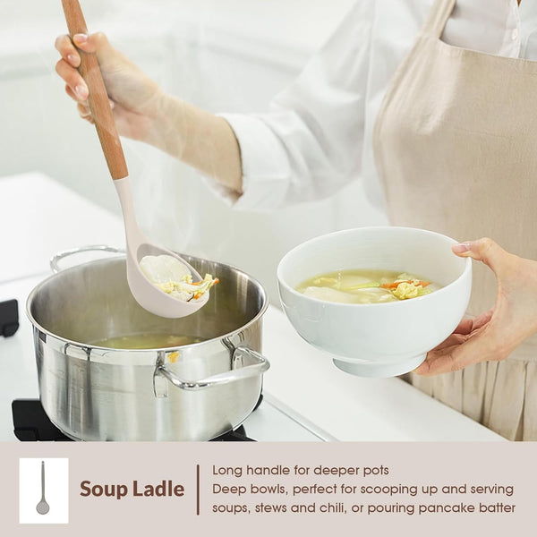 Cooking Utensils Set of 6, Silicone Kitchen Utensils with Wooden Handle, Non-Stick Cookware Friendly & Heat Resistant, Includes Spatula/Ladle/Slotted Turner/Serving Spoon/Spaghetti Server(Khaki)5
